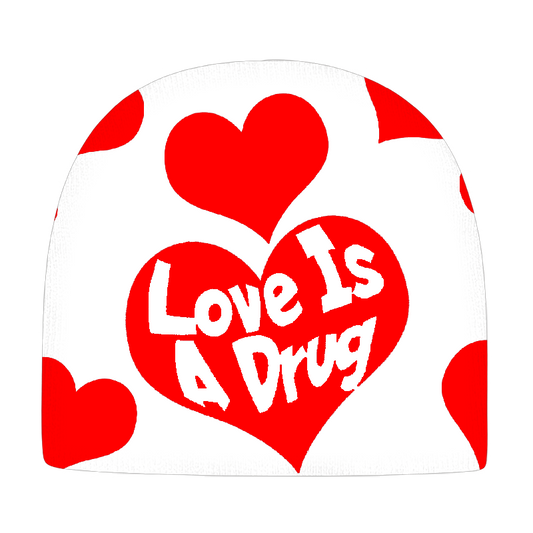"Love Is A Drug" White And Red Beanie